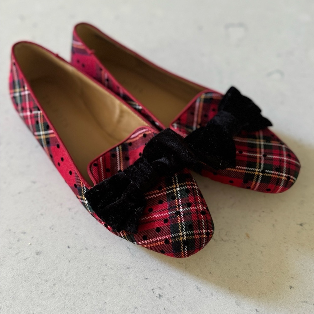 Talbots women’s red plaid black velvet bow detail loafers fats shoes size 7